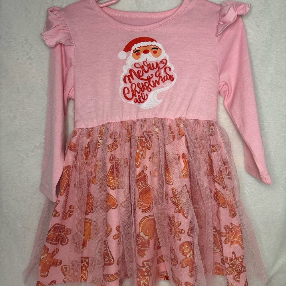 Pink Santa “Merry Christmas” With Ginger Bread Cookies Dress Toddler 2T